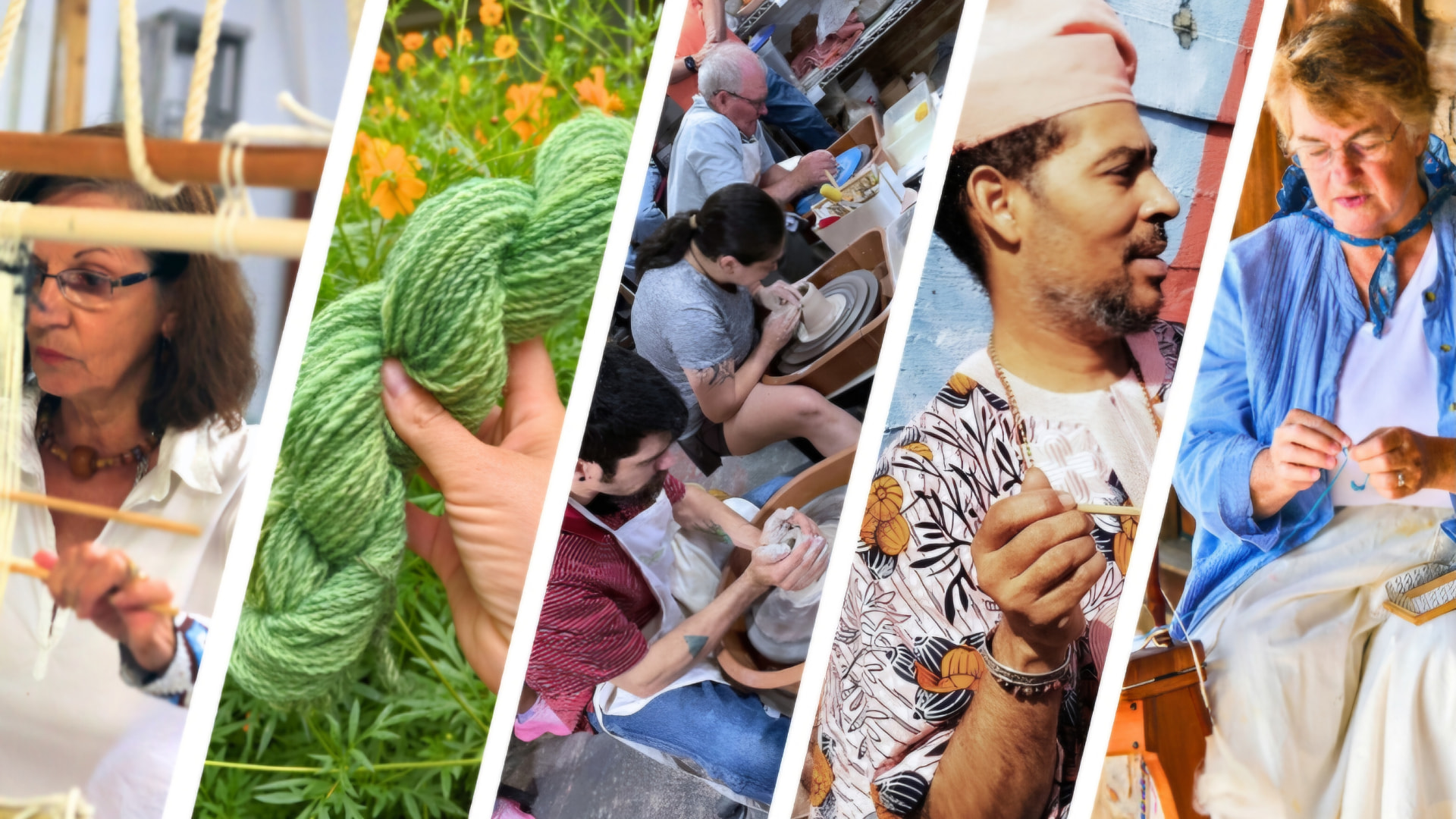 Artisans weaving, throwing pottery, playing berimbau and working with fiber in a craft workshop